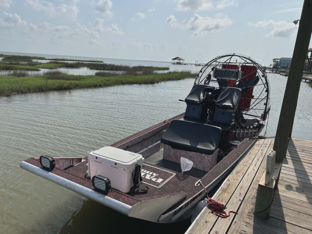 Airboat for pleasure and leisure trips at dock